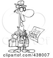 Poster, Art Print Of Cartoon Black And White Outline Design Of A Male Tourist Holding A Map And Sight Seeing Book