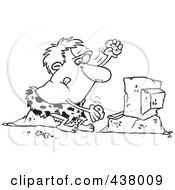 Poster, Art Print Of Black And White Outline Design Of A Caveman Using Stones To Type On A Computer
