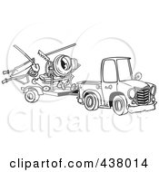 Cartoon Black And White Outline Design Of A Truck Pulling A Trailer With Landscape And Concrete Equipment