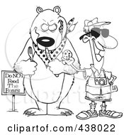 Cartoon Black And White Outline Design Of A Male Tourist Feeding A Cookie To A Bear For A Photo Op