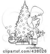 Poster, Art Print Of Cartoon Black And White Outline Design Of A Woman Standing By A Christmas Tree With An Overloaded An Electrical Socket