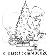 Royalty Free RF Clip Art Illustration Of A Cartoon Black And White Outline Design Of A Woman Standing By A Christmas Tree With An Overloaded An Electrical Socket by toonaday