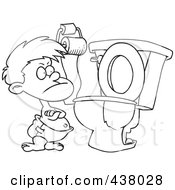 Cartoon Black And White Outline Design Of A Stubborn Toddler Standing By A Toilet With His Arms Folded