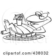 Poster, Art Print Of Cartoon Black And White Outline Design Of A Relaxed Turtle Floating With A Beverage On His Belly