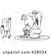 Poster, Art Print Of Cartoon Black And White Outline Design Of A Happy Man Sitting In A Chair And Watching Tv