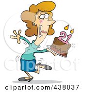 Cartoon Happy Woman Carrying A Birthday Cake With 21 Candles