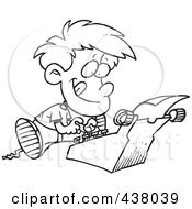 Cartoon Black And White Outline Design Of A Boy Typing A Story On A Typewriter