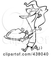 Royalty Free RF Clip Art Illustration Of A Cartoon Black And White Outline Design Of A Woman Carrying A Roasted Turkey by toonaday
