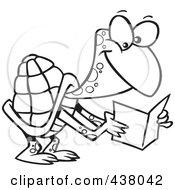 Royalty Free RF Clip Art Illustration Of A Cartoon Black And White Outline Design Of A Tortoise Reading A Greeting Card