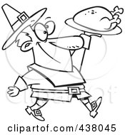 Poster, Art Print Of Cartoon Black And White Outline Design Of A Pilgrim Man Carrying A Roasted Turkey
