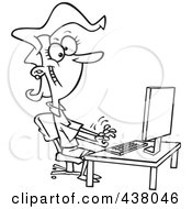 Poster, Art Print Of Cartoon Black And White Outline Design Of A Happy Female Typist Working On A Computer
