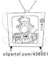 Royalty Free RF Clip Art Illustration Of A Cartoon Black And White Outline Design Of A Man Appearing On A Fast Food Television Commercial