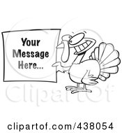 Royalty Free RF Clip Art Illustration Of A Cartoon Black And White Outline Design Of A Turkey Bird Holding A Sign With Sample Text