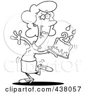 Poster, Art Print Of Cartoon Black And White Outline Design Of A Happy Woman Carrying A Birthday Cake With 21 Candles