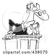 Royalty Free RF Clip Art Illustration Of A Cartoon Black And White Outline Design Of A Judge Leaning Over His Desk by toonaday