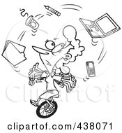 Cartoon Black And White Outline Design Of A Businesswoman Juggling Office Items On A Unicycle