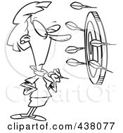 Royalty Free RF Clip Art Illustration Of A Cartoon Black And White Outline Design Of A Businesswoman Off Target With Darts