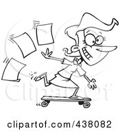 Poster, Art Print Of Cartoon Black And White Outline Design Of A Businesswoman Skateboarding In The Office