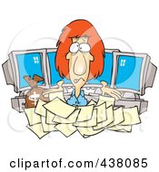 Royalty Free RF Clip Art Illustration Of A Cartoon Businesswoman Buried In Tax Documents By Computers by toonaday