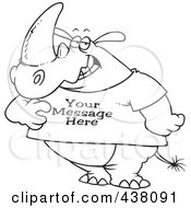Royalty Free RF Clip Art Illustration Of A Cartoon Black And White Outline Design Of A Rhino Wearing A T Shirt With Sample Text