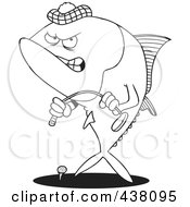 Cartoon Black And White Outline Design Of A Mad Tuna Fish Playing Golf