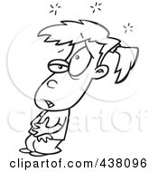 Royalty Free RF Clip Art Illustration Of A Cartoon Black And White Outline Design Of A Sick Girl Holding Her Tummy