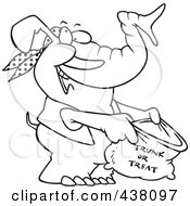 Royalty Free RF Clip Art Illustration Of A Cartoon Black And White Outline Design Of A Halloween Elephant Holding A Trunk Or Treat Bag