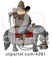 Poster, Art Print Of Cowboy Sitting On Horse Saddle Wrong While Holding Reins