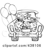 Royalty Free RF Clip Art Illustration Of A Cartoon Black And White Outline Design Of A Trick Or Treating Boy In The Trunk Of A Car