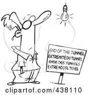 Poster, Art Print Of Cartoon Black And White Outline Design Of A Man At An End Of The Tunnel Sign