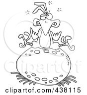 Poster, Art Print Of Cartoon Black And White Outline Design Of A Tired Bird Sitting On A Huge Egg