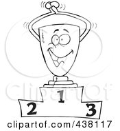 Royalty Free RF Clip Art Illustration Of A Cartoon Black And White Outline Design Of A Trophy On The First Place Podium by toonaday