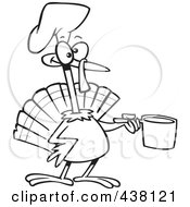 Poster, Art Print Of Cartoon Black And White Outline Design Of A Chef Turkey Bird Holding A Pot