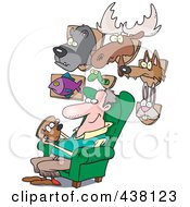 Poster, Art Print Of Cartoon Man Surrounded By His Mounted Animal Trophy Heads