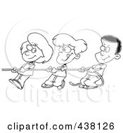 Royalty Free RF Clip Art Illustration Of A Cartoon Black And White Outline Design Of A Girl And Boys Pulling A Rope