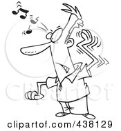 Poster, Art Print Of Cartoon Black And White Outline Design Of A Man Trying To Get A Song Out Of His Head