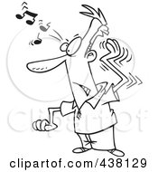 Royalty Free RF Clip Art Illustration Of A Cartoon Black And White Outline Design Of A Man Trying To Get A Song Out Of His Head