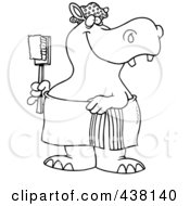 Poster, Art Print Of Cartoon Black And White Outline Design Of A Bath Time Hippo In A Towel Holding A Scrub Brush