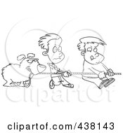 Poster, Art Print Of Cartoon Black And White Outline Design Of A Dog And Boys Tugging On A Rope