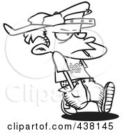 Poster, Art Print Of Cartoon Black And White Outline Design Of A Troubled Boy Walking And Smoking