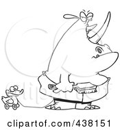 Poster, Art Print Of Cartoon Black And White Outline Design Of A Bath Time Rhino In A Towel Pulling A Rubber Ducky And Holding A Brush