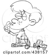 Poster, Art Print Of Cartoon Black And White Outline Design Of A Boy Pulling A Toy Truck On A String