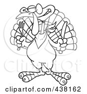 Poster, Art Print Of Cartoon Black And White Outline Design Of A Turkey Bird Holding A Knife And Fork