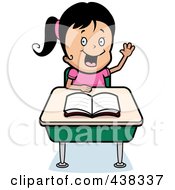 Poster, Art Print Of Black Haired Girl Raising Her Hand At Her Desk