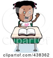 Royalty Free RF Clipart Illustration Of A Black Girl Raising Her Hand At Her Desk by Cory Thoman