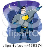 Royalty Free RF Clipart Illustration Of A Super Hero Posing Near A City by Cory Thoman