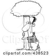 Royalty Free RF Clip Art Illustration Of A Cartoon Black And White Outline Design Of A Black Man Hugging A Tree