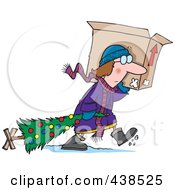Poster, Art Print Of Cartoon Woman Carrying A Moving Box And Dragging Her Christmas Tree