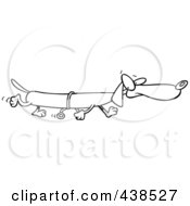 Royalty Free RF Clip Art Illustration Of A Cartoon Black And White Outline Design Of A Long Wiener Dog Using Training Wheels
