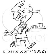 Poster, Art Print Of Cartoon Black And White Outline Design Of A Nurse Carrying A Tray Of Cafeteria Food